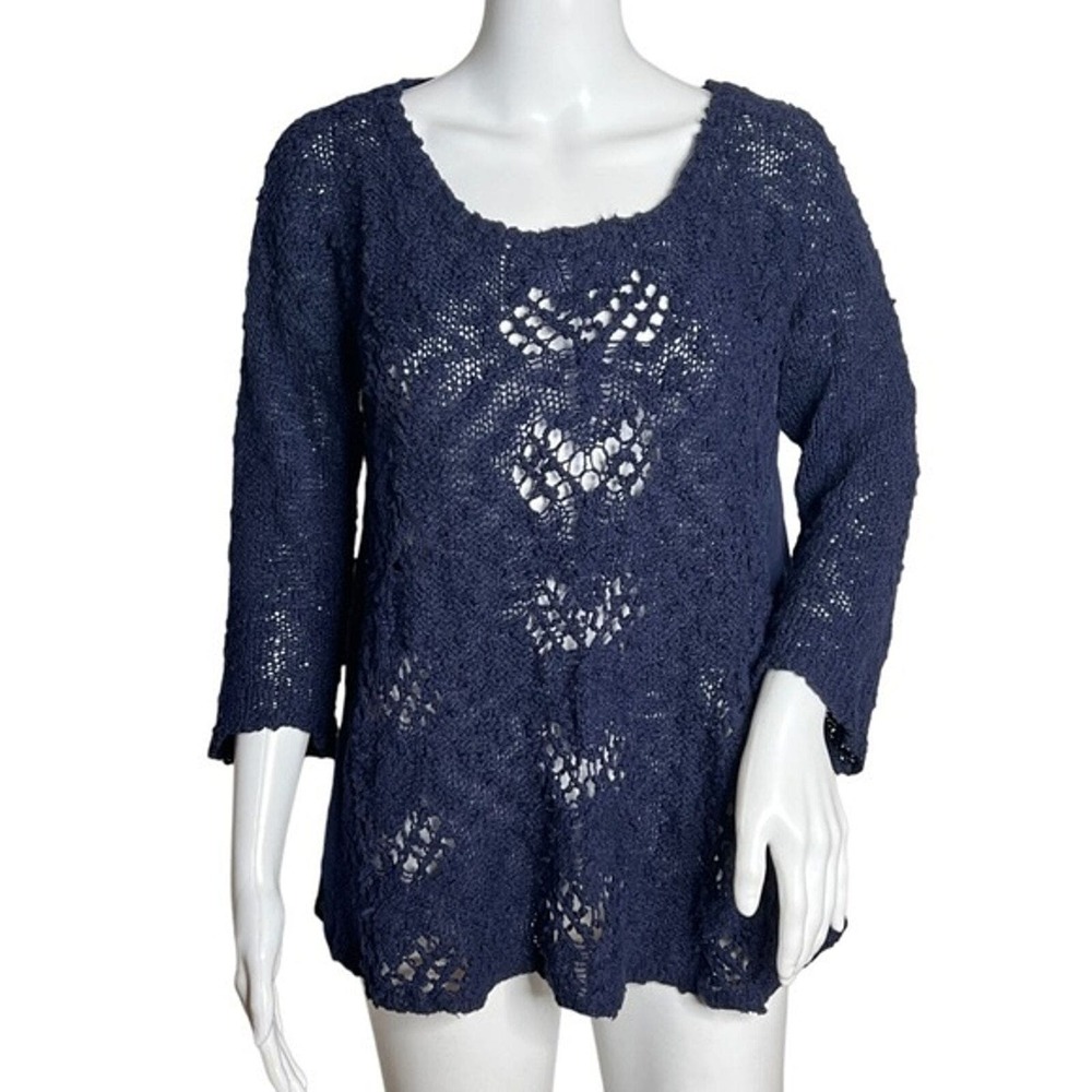 Anthropologie Knitted & Knotted Sweater Women Medium Blue Open Knit Chiffon Boho